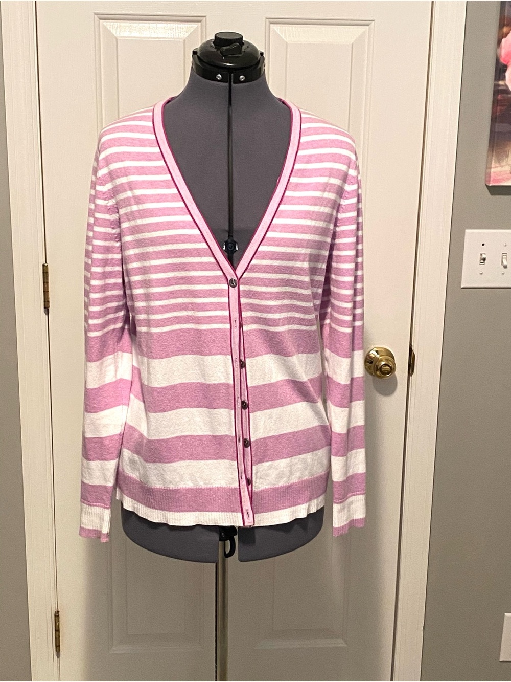 Christopher & Banks Purple White Striped Cardigan Sweater M 182